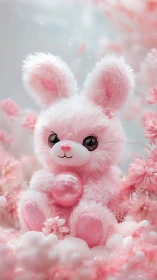 Soft pink plush bunny cuddles glittery egg in blossoms.