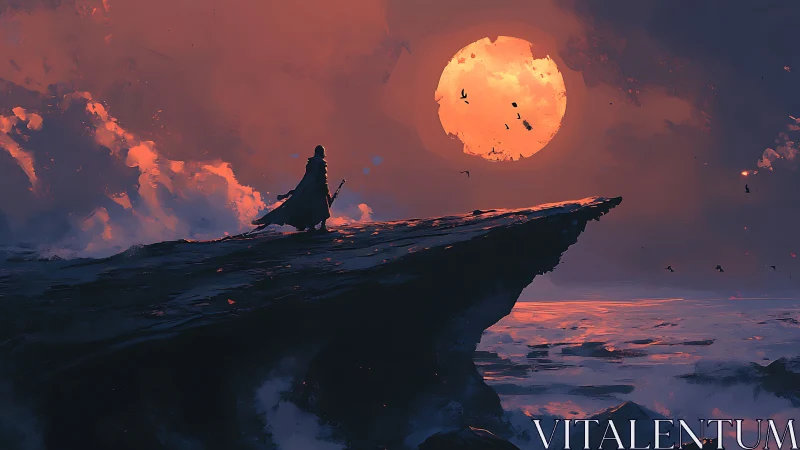 Lone cloaked figure surveys burning sun over storm sea