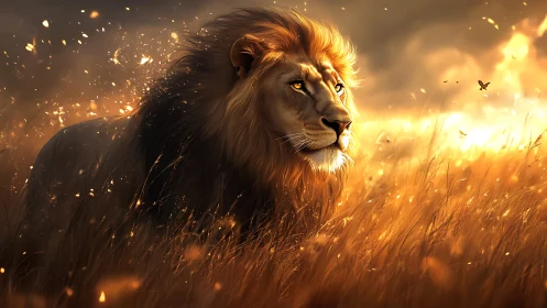 Majestic lion in glowing golden savanna sunset field.
