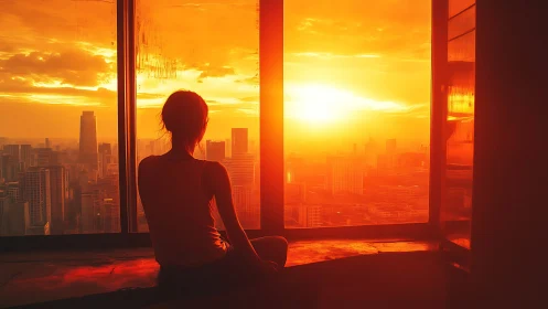 Sunlit high-rise skyline viewed from contemplative window seat.