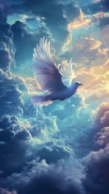 Graceful white dove glides peacefully through glowing clouds