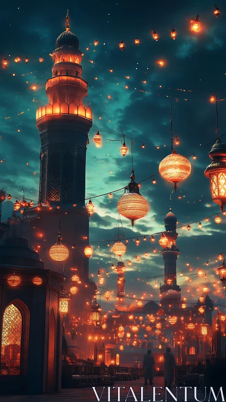 Minaret skyline under dense lantern array and teal twilight sky