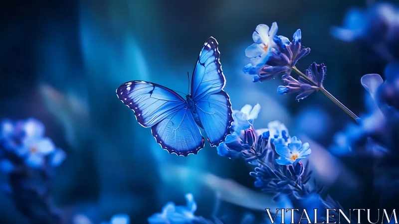 Macro study of blue butterfly on flowers in cool bokeh light