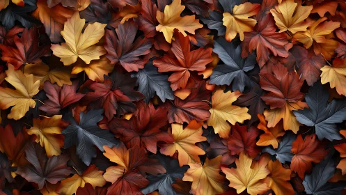 Layered autumn leaves in mixed warm and cool tones.