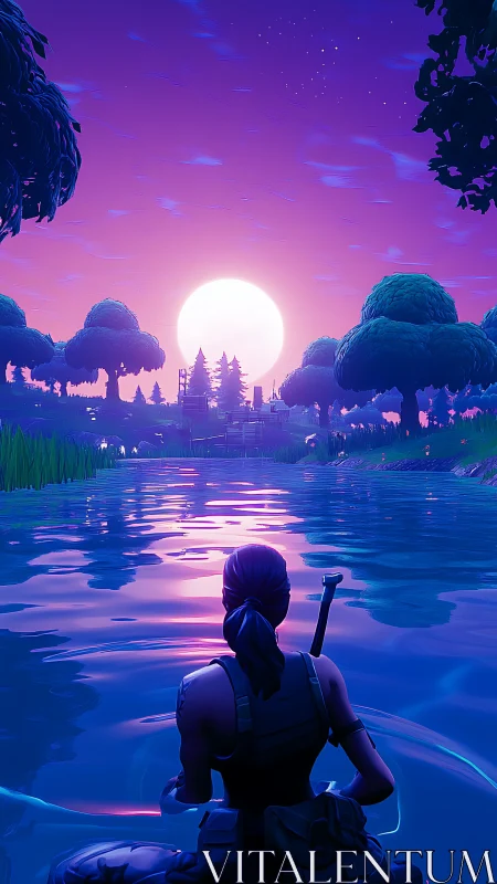 Digital third‑person river scene shows character facing sunset