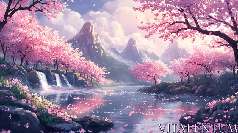 Cherry blossom valley with waterfalls and misty peaks.