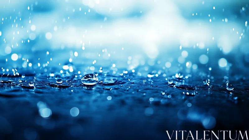 Photorealistic macro study of raindrops on reflective surface.