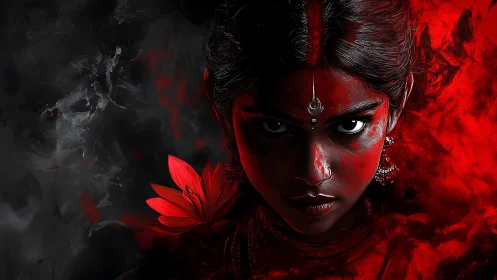 Fierce-eyed goddess rises from smoke and crimson embers