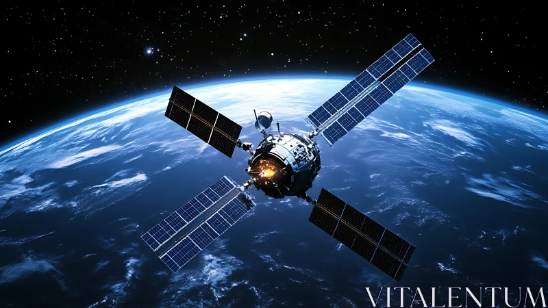 Solar-winged satellite drifting above a blue-lit Earthscape.