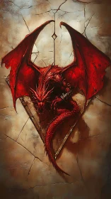 Red winged dragon relief is centered on cracked stone wall