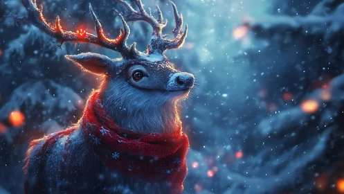 Snow-covered reindeer in red scarf with glowing antlers in storm
