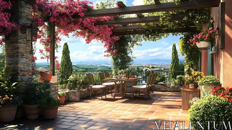 Mediterranean terrace under bougainvillea pergola with panoramic vista.