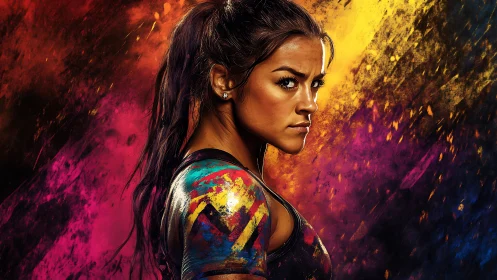 Strong, focused woman framed by bold splashes of color.