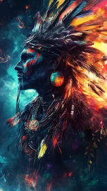 Fiery tribal warrior in cosmic feathered headdress profile.