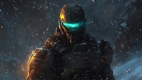 Armored sci fi soldier stands in blizzard with glowing visor slit