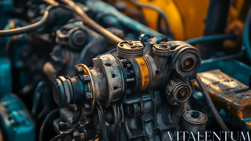 Industrial diesel engine close-up with warm cinematic bokeh.