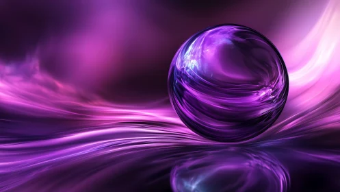 Iridescent violet energy sphere over fluid luminous waves.