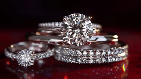 Elegant diamond engagement rings gleam on rich red surface.