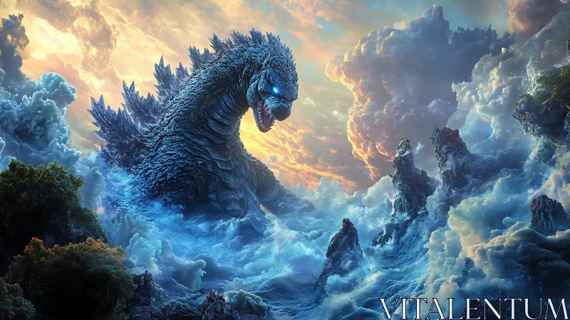 Colossal sea kaiju rises within storm-wreathed clouds.