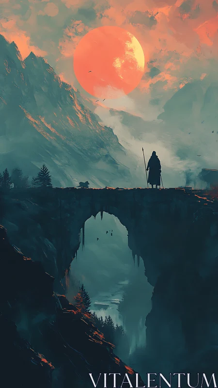 Silhouetted traveler stands on stone bridge under red sun