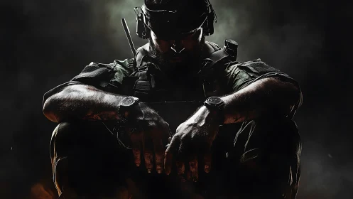 Armed soldier in tactical gear seated in low key lighting.