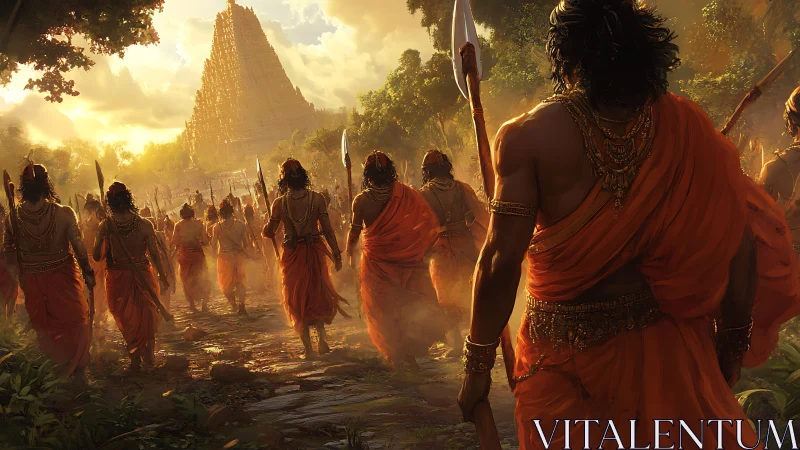 Warriors advance toward sunlit temple in cinematic digital realism