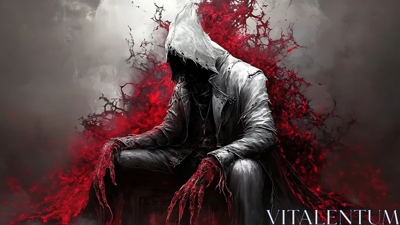 Hooded figure in blood red smoke with dark empty face.