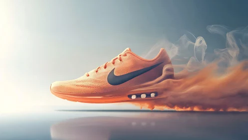 Orange running shoe is rendered in motion with trailing smoke