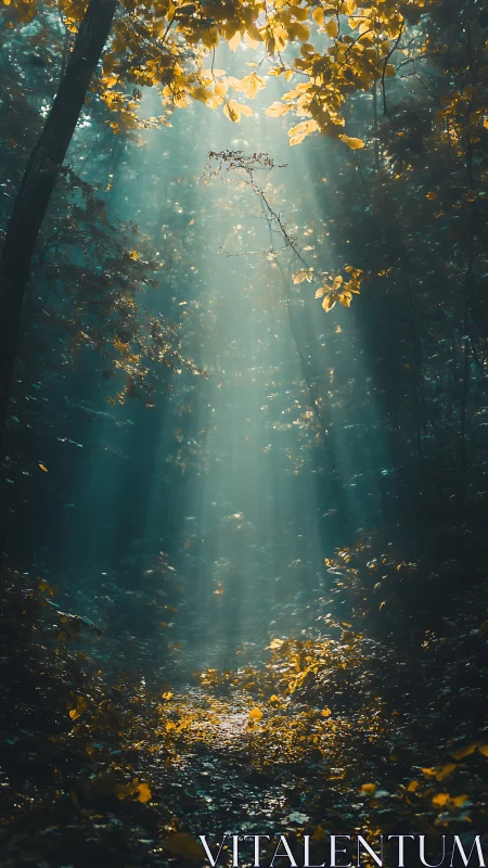 Sunlit forest path glows softly through mist and golden leaves
