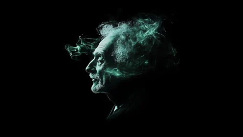 Mystic profile of a wise dreamer dissolving into green smoke.
