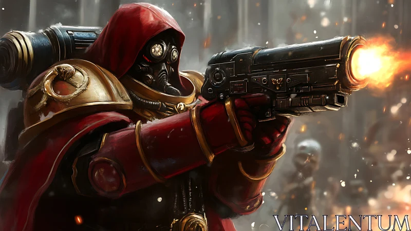 Armored sci fi warrior unleashes blazing firepower in battle