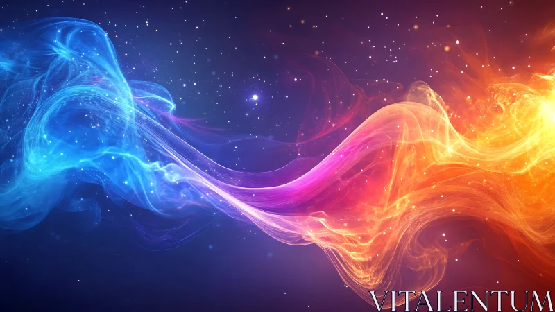 Cosmic ribbons of fire and ice entwine in starlit dance.