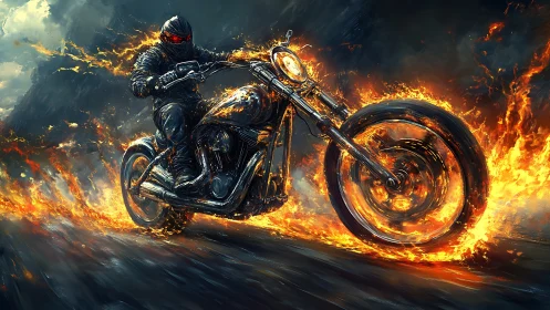 Armored rider on flaming motorcycle in dark stormy road.