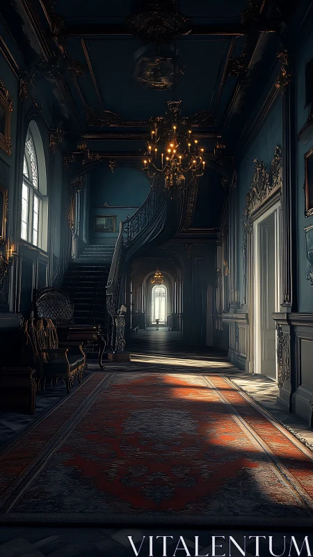 Grand baroque corridor with sweeping staircase and dusk light.