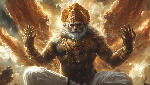 Divine leonine deity rendered in high detail with radiant volumetric clouds