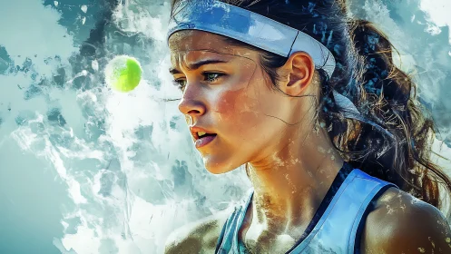 Tennis focus ignites in a splash painted athlete’s gaze.