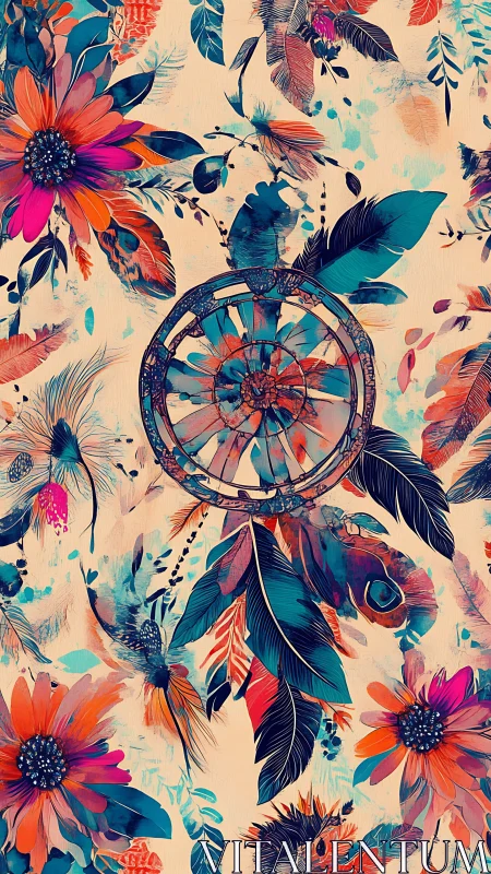 Dreamcatcher blooms whirl in neon-feathered midnight garden.