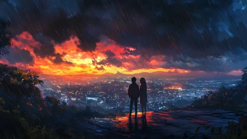 Two people stand on a rainy overlook watching a burning sunset