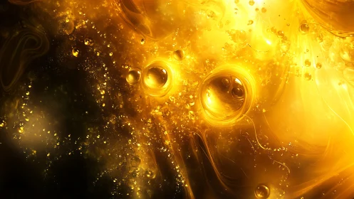 Abstract golden bubbles in vibrant glowing liquid art style.