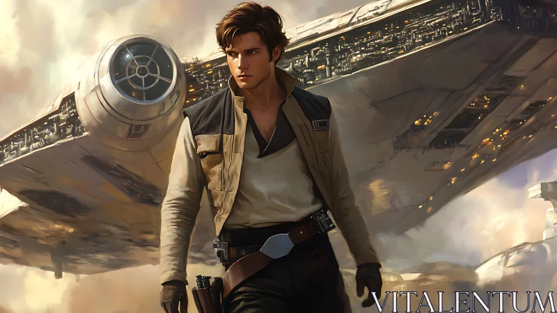 Roguish pilot strides from starship thrusters and rising smoke