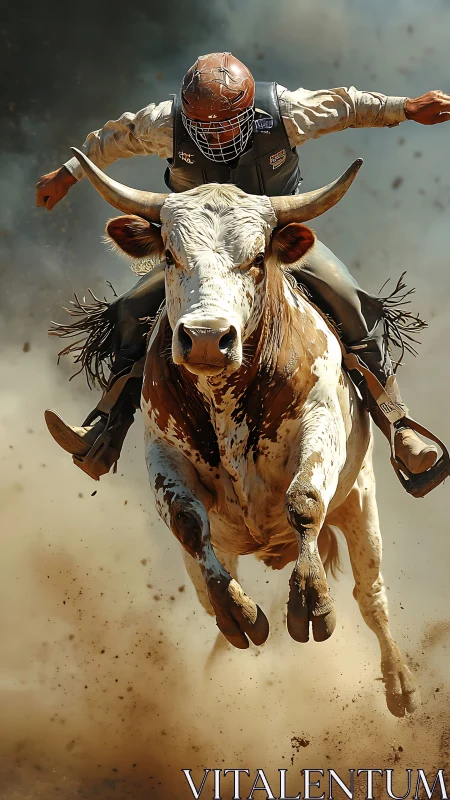 Bull rider suspended mid-jump with dust and motion blur.
