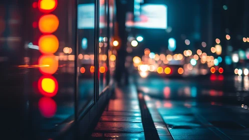 Moody city sidewalk glowing with soft neon night lights.