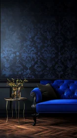 Velvet cobalt chaise in low-key chiaroscuro interior study.