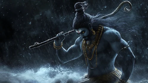 Stormlit blue deity strides through crashing dark waves