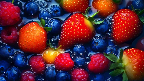 Vibrant mixed berries glisten in water with rich freshness