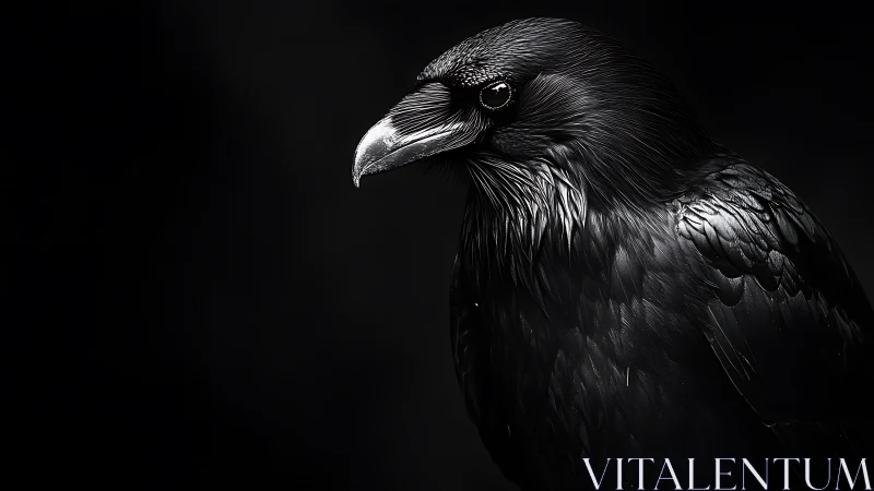 High-contrast raven portrait isolates plumage detail on black