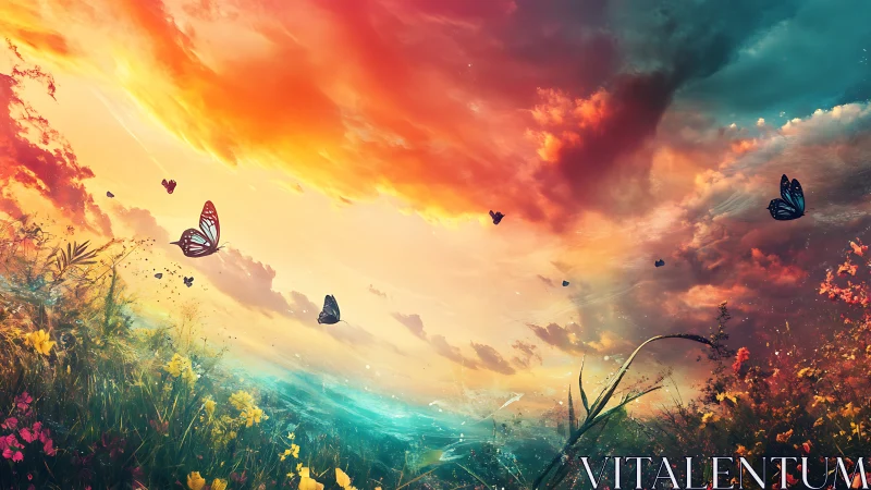 Butterflies cross vivid gradient sky over stylized meadow