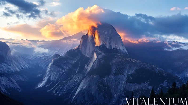 Sunrise fire crowns a granite giant in misty valley hush
