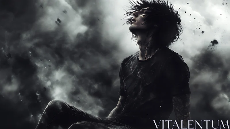 Stormlit portrait isolates tattooed figure in cinematic grayscale