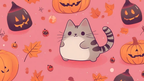 Anthropomorphic Cat with Jack-o'-Lanterns on Blush Compositional Field